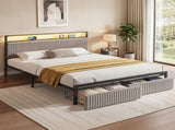 Artiss Metal Bed Frame King Size LED Charging Station 2 Drawers MBED-D-LINE-K-BK-AB