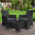 Gardeon 3PC Outdoor Bistro Set Patio Furniture Wicker Chairs Table Cushion All Black ODF-BISTRO-RATTAN-S-BK