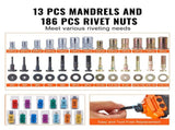 Rivet Nut Tool, 16 Rivnut Tool Kit with 13PCS Metric and SAE Mandrels, 186PCS Rivet Nuts, M3, M4, V952-MLMQWSBS16YC3FC0WV0