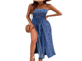 Women'S Tube Jumpsuits Boho Print Loose Sleeveless Smocked Rompers Wide Leg Long Slit Khaki XL V1370-AZ4-10420