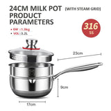 24cm 316L Stainless Steel Saucepan Compound Steel Honeycomb Nonstick Sauce Pan with Glass Lid 3.2L V255-24CMMILKPOT