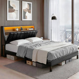 Artiss Double Bed Frame LED Storage Headboard with Charging Station Black BFRAME-H-JINA-D-BK-ABC