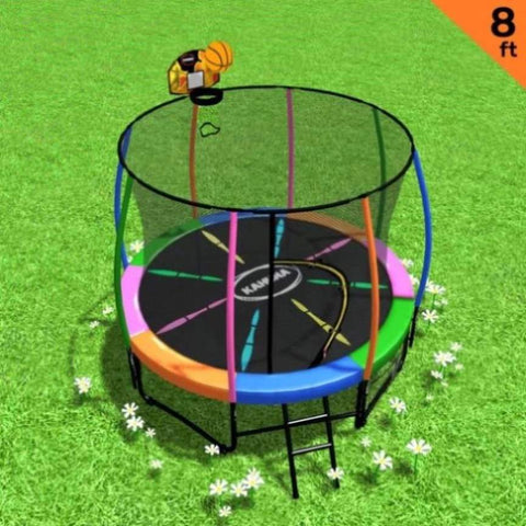 Kahuna Trampoline 8 ft with Basketball Set - Rainbow TRA-KAH-08-RB-BB