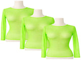 3x Womens Fishnet Mesh Tops Long Sleeve Sheer Stretch See Through - Fluro Green V563-JD-12168-3-FLUROGRN