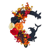 Spooky Halloween Wreath for Front Door - 14 Inch Crescent Moon Wreath with Black Cat, Bat & Rose V1366-AZ2-W-16600