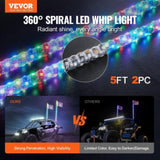 2 PCS 5 FT Whip Light, APP & RF Remote Control Led Whip Light, Waterproof Spiral RGB Chasing Lighted V952-CRKJPPTDZ5YCJCVCMV9
