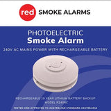 Red Smoke Alarms Smoke Alarm 220-240 Volt AC Lithium Battery PhotoElectric Sensor 85 dB Screw V1202-V1-RSAR240RC