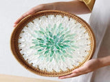 Rattan Tray with Mother of Pearl Inlay Wooden Base, Serving Basket for Breakfast Food, Round Tray as V1366-AZ2-W-19854