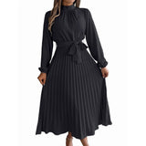 Women'S Long Sleeve Pleated Dress Casual Semi Formal Church Dress Mock Neck A Line Flowy Midi V1370-AZ4-10436