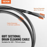 VEVOR Drain Cleaning Cable 60 FT x 1-1/5 Inch, Professional Sectional Drain Cleaner Cable with 6 V952-FDSDL114IN66LC5DVV0
