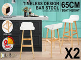 2X Wooden Bar Stool Dining Chair Leather SOPHIA 65cm WHITE V274-FT-WBSPU-75WH2
