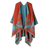 Stylish Knitted Outer Shawl, Playful Forest Deer Motif, Bright Rust Orange Red V1221-XM-LB2135-ZS57