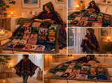 Blue-green Warm Hooded Poncho Shawl and Animal Pattern Throw Blanket Set for Sofa, Bed and Winter V888-ELOSUNG54136