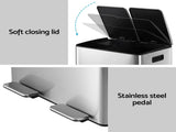 Cefito Pedal Bins Rubbish Bin Dual Compartment Waste Recycle Dustbins 60L Silver RB-60L-2C-SI