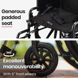 EQUIPMED Portable Folding Wheelchair 24 Inch 136kg Capacity Wheel Chair Retractable Armrests, Black V219-EQWRHC04A