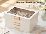 Embellir Jewellery Box 4 Layer Organiser Storage Case Glass Lid Drawers White JEW-BOX-4T-WH