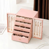 White 1 Large Faux Leather Jewelry Storage Box with 5 Drawers and Gold Handles - An elegant V1106-FPGSSSNH001