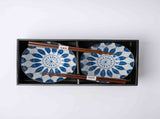 Bowl Set 2pcs with Chopsticks Indigo Sunflower Design V637-RW0040