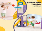 Keezi Kids 4-in-1 Slide Swing Set Double Swing Basketball Hoop Playhouse KPS-SLIDE-2SWING-CLF-AB
