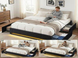 Artiss Queen Bed Frame with Storage Drawers RGB Lights Charging Station Upholstered Fabric BFRAME-H-ZENO-Q-BK-ABC