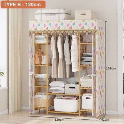 120cm Width Bamboo Clothes Rack Garment Closet Storage Organizer Hanging Rail Shelf Fabric Dustproof V255-B-TYPEB-120CM