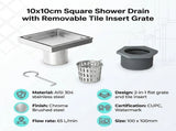 10x10cm Square Shower Drain with Removable Tile Insert Grate Stainless steel 304SS, CUPC Certified V63-955491