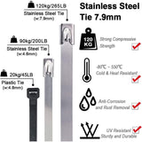 100 Pack Stainless Steel Metal Zip Ties Heavy Duty Silver 120kg Strength, 500 x 7.9mm V1237-ZY-522-0010