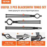 VEVOR Blacksmith Tongs, 3 PCS, V-Bit Bolt Tongs, Wolf Jaw Tongs and Z V-Bit Tongs, Carbon Steel V952-DVBITWOLFZV18KW80V0