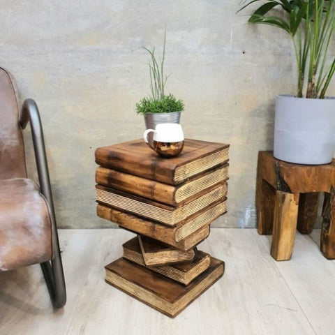 Side Table Book Stack Design w Storage Compartment Natural Burned V574-RTF-B51-STORAGE-NB