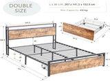 Double Bed Frame with Storage, Industrial Bed with Led Lights Headboard and 2 Drawers, Wooden Bed V1127-AU-2044DB-BRN