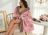 Women's Pink Coral Fleece Hooded Bathrobe with Leopard Print Trim - Soft Plush Wrap Robe with V888-ELOSUNG54472