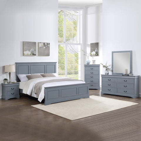 5 Pieces Bedroom Suite in Solid Wood & MDF King Size Grey Colour Bed, Bedside Table, Dresser & V43-BDS-SPNC-5PC-TBY-DRS-K