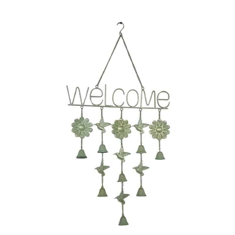 Hanging 'Welcome' Sign w Birds Bells 85cm V637-24858WEL