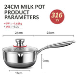 24cm 316L Stainless Steel Saucepan Compound Steel Honeycomb Nonstick Sauce Pan with Glass Lid 3.2L V255-24CMMILKPOT