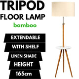 165cm Large Extendable Bamboo Tripod Floor Lamp Linen Shade Shelving V563-75132