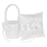 7 * 7 inches Ivory White Satin Flower Bowknot Ring Bearer Pillow and Wedding Flower Girl Basket Set V1294-YM0901-H19360