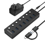 Simplecom CH375C USB-A and USB-C to 7-Port USB 3.0 Hub 5Gbps Individual Switches and Power Adapter V1202-V2-HXSI-CH375C