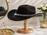 Black Rhinestone Fringe Cowboy Hat - Sparkling Western Party Hat with Round Gemstone Band and V888-ELOSUNG57115-6