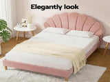 Artiss Double Bed Frame and Round Coffee Table Set Pink Velvet Bedhead with Wooden Side Table BFRAME-SET-COFI338-WD