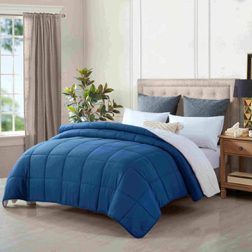 king size reversible plush soft sherpa comforter quilt navy blue V517-SQ-NB