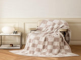 Khaki and White Premium Knitted Checkerboard Throw Blanket - Soft Half-Velvet Fleece V888-ELOSUNG49381