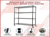 Modular Wire Storage 150x60cm Steel Shelving Black With Wheels For Garage Warehouse Or Kitchen V63-841101