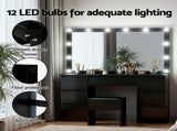 Artiss Dressing Table Vanity Desk Set Stool 12 Led Bulbs Black FURNI-N-DRESS02-LED-BK-AB