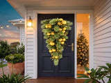 Christabelle 90cm Gold Christmas Teardrop Wreath Pre Lit Warm White LED Timer Baubles Berries F 112_SENG90T