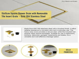15x15cm Square Shower Drain with Removable Tile Insert Grate Brushed Gold 304SS, CUPC Certified V63-955541
