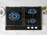 Devanti 59cm Gas Cooktop 3 Burner Knob Control Glass Hob Cast Iron Black CT-GAS-3B-BK