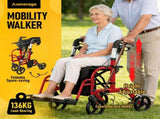 2-in-1 Foldable Aluminium Rollator Walker with Seat, Adjustable Handles, 8" All-Terrain Wheels, V1181-HP002-RD