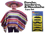3pc Set Mens Mexican Poncho Sombrero Moustache Spanish Cowboy Costume Party V563-MEXICANCOSTUMESET