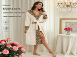 Women's White Coral Fleece Hooded Bathrobe with Leopard Print Trim - Soft Plush Wrap Robe with V888-ELOSUNG54473