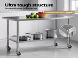 Cefito 1524x762mm Stainless Steel Kitchen Bench w/ Splashback Work Table Prep Bench Commercial 430 SSKB-430S-WHEEL-60-30